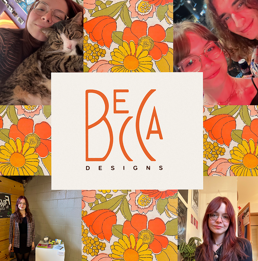 Collage featuring Becca Designs logo, various photos of Becca, and multicolored flowers