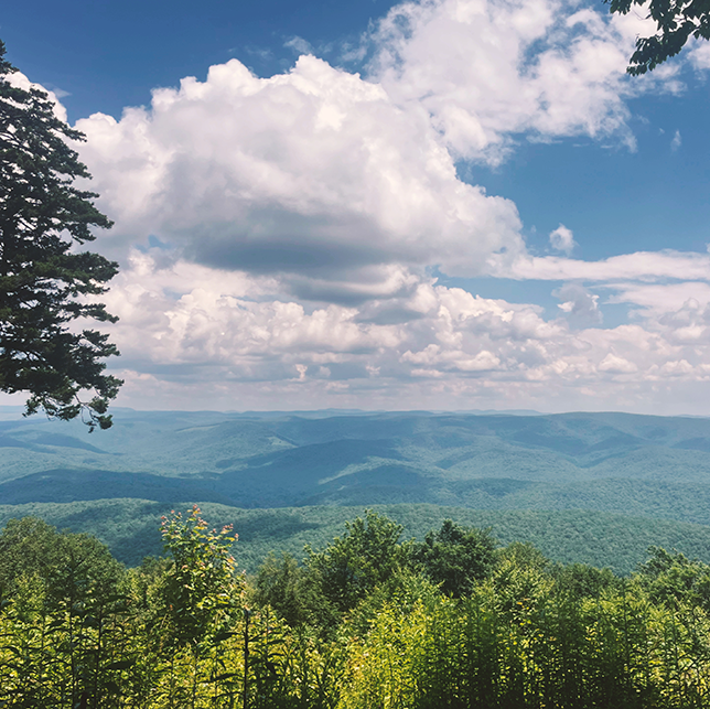 West Virginian mountains on a cloudy day from the overlook at Droop Mountain Battlefield State Park