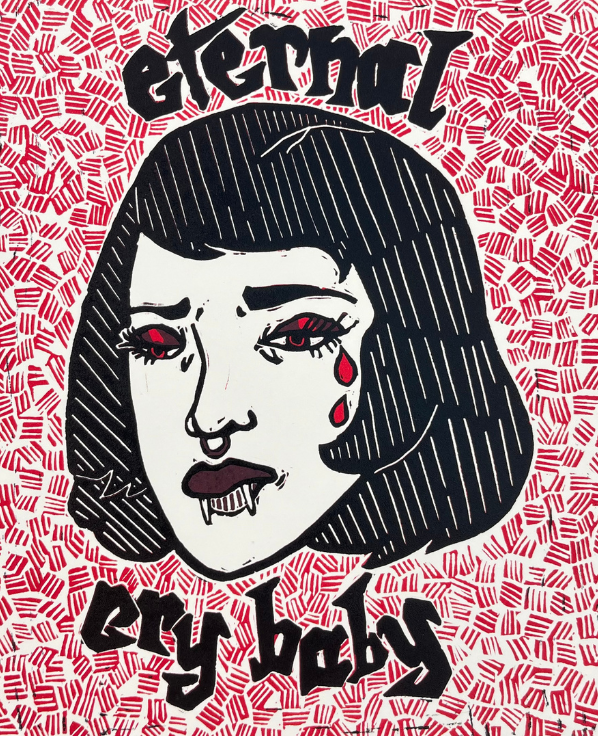 Relief print of a vampire with black hair crying surrounded by the text eternal crybaby