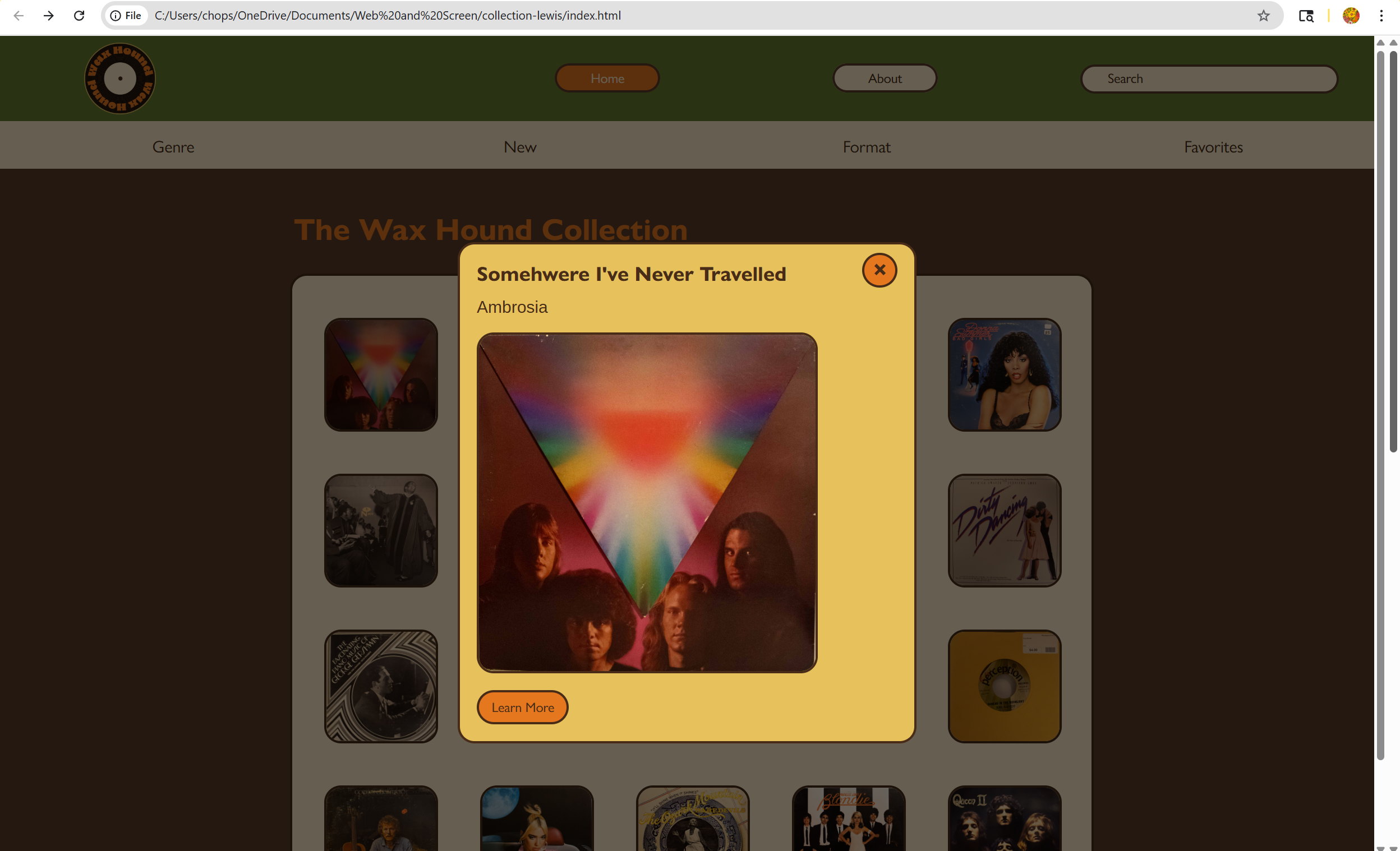 Album popup on Wax Hound website showing Somewhere I've Never Travelled by Ambrosia