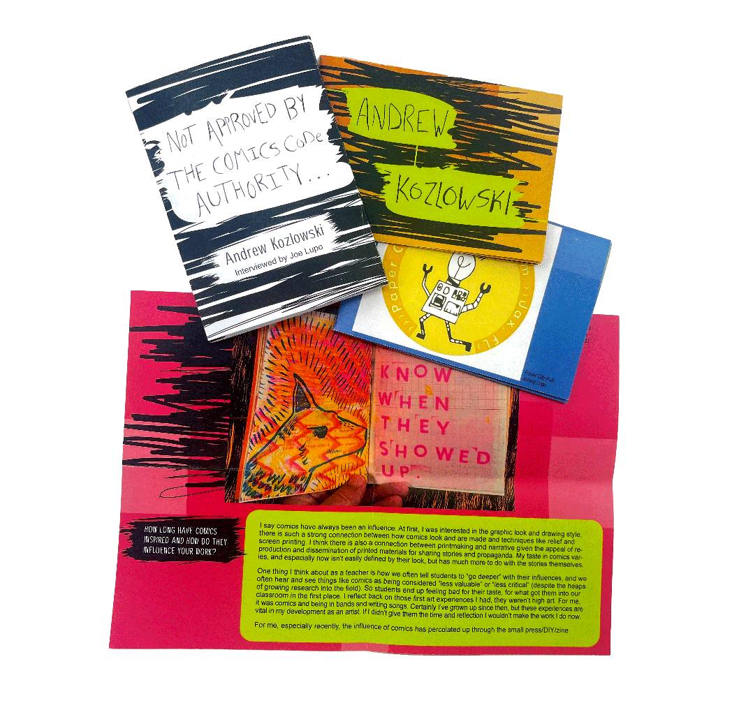 Spread of zines and container for Andrew Kozlowski Zine