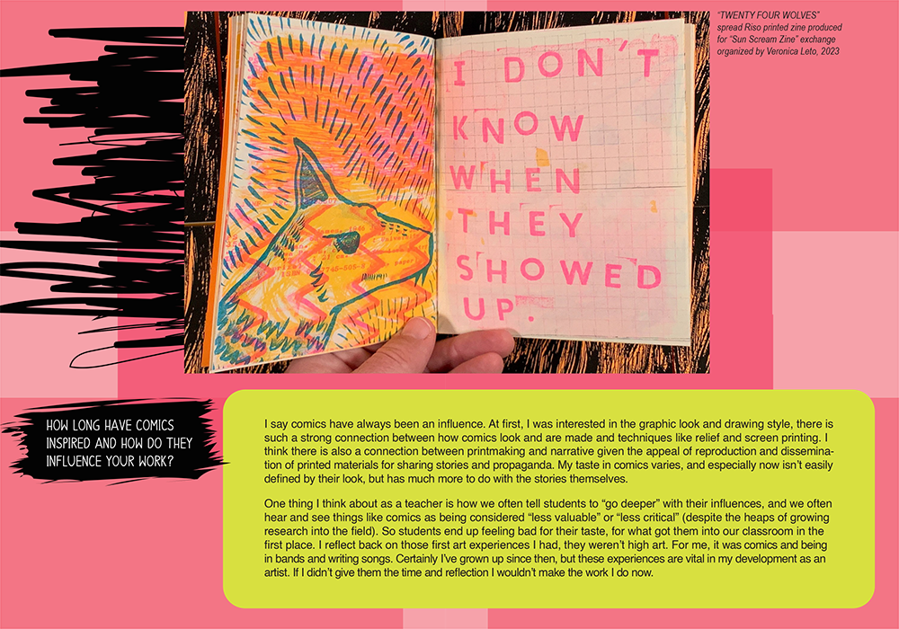 unfolded view of the pink second page of the zine